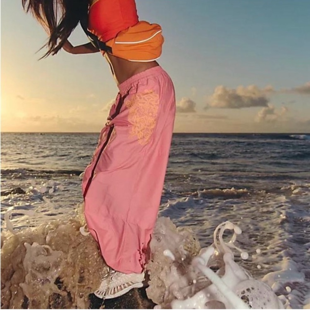 Free People/ FP Movement Peach Color Pants with Yellow Embroidery Size Large